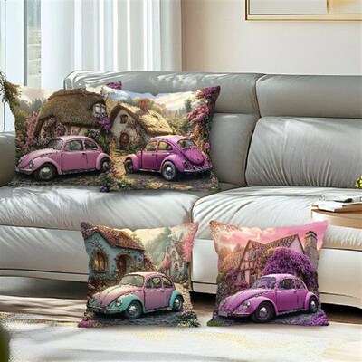 Retro Cars And Houses Pillowcase Printed Polyester 45x45cm