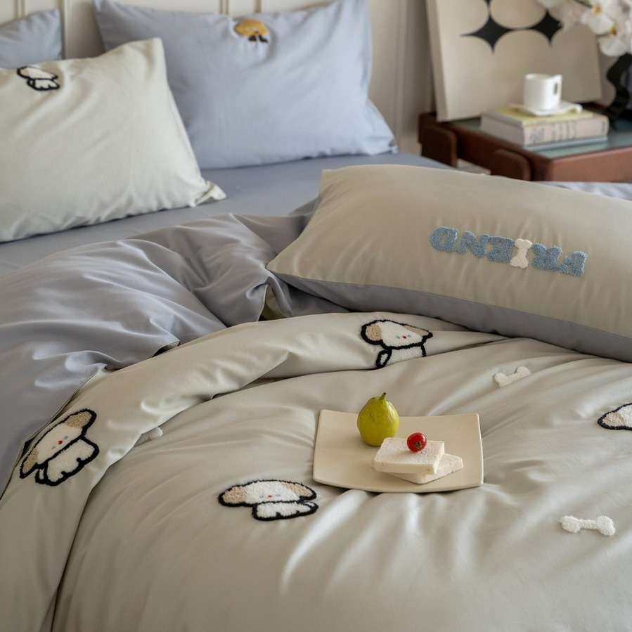 100支贡缎长绒棉全棉四件套 可爱毛巾绣刺绣纯棉床上被套床单床笠