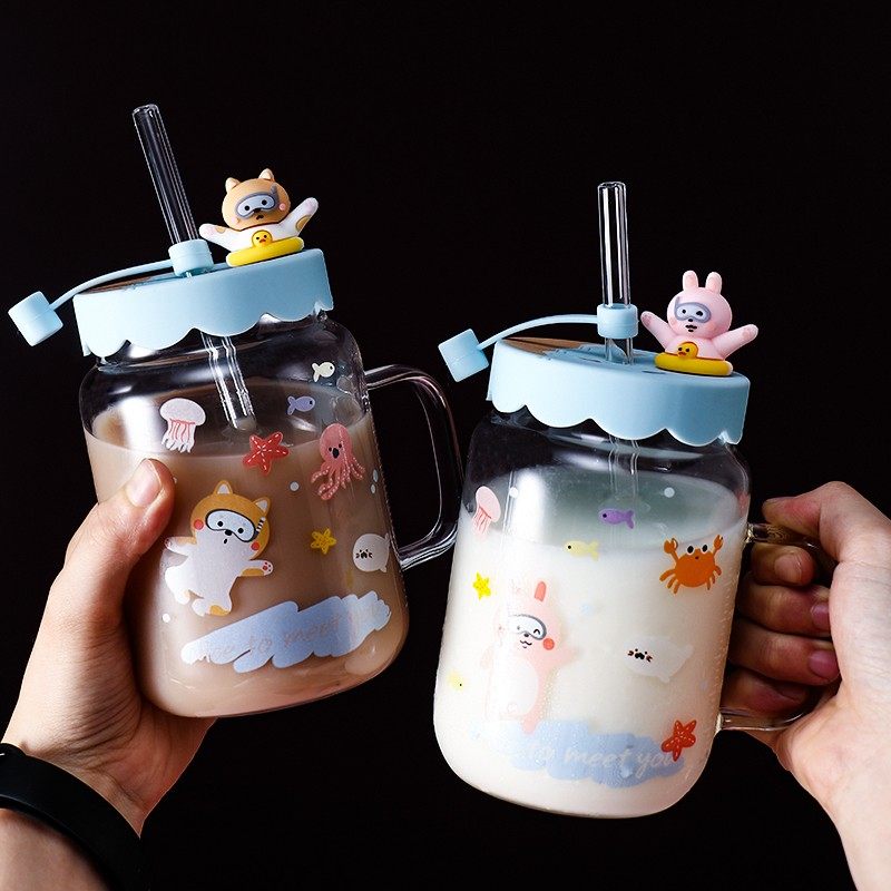 儿童牛奶杯带刻度家用玻璃防摔带盖吸管可爱宝宝微波炉早餐杯学生