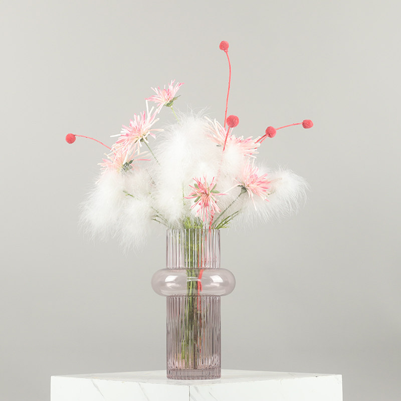 花艺套餐粉色玻璃花器白色小泡草永生花花束干花客厅摆设花卉摆件
