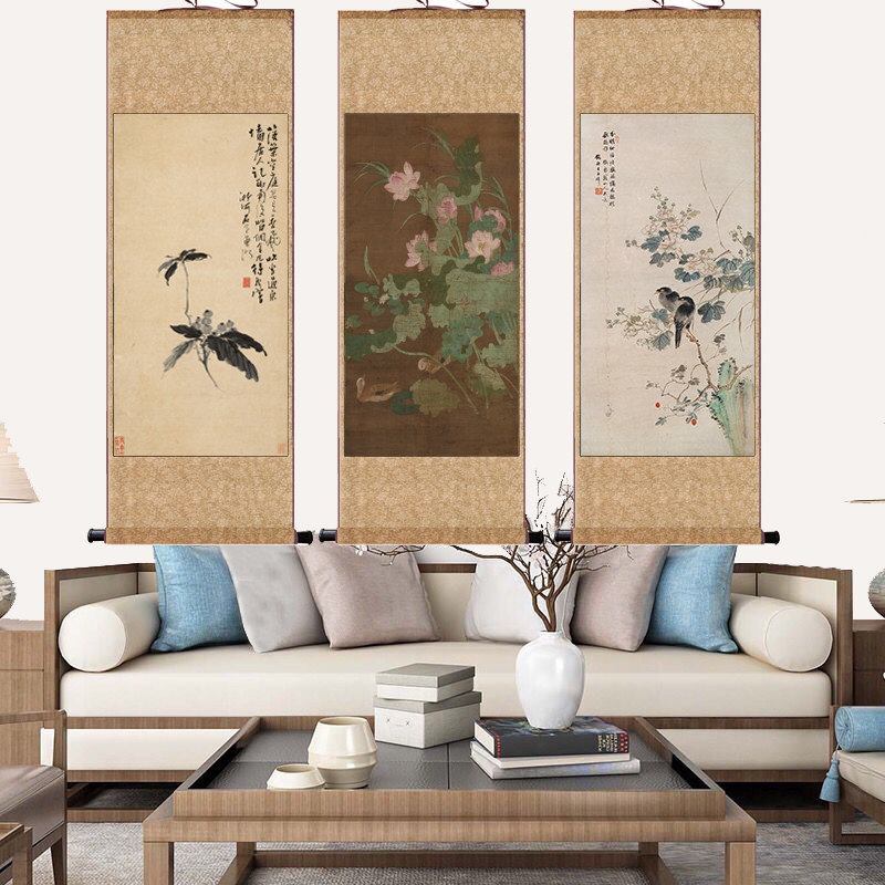 历代国画荷花鸳鸯牡丹国画办公室玄关装饰画沙发背景靠山卷轴挂画