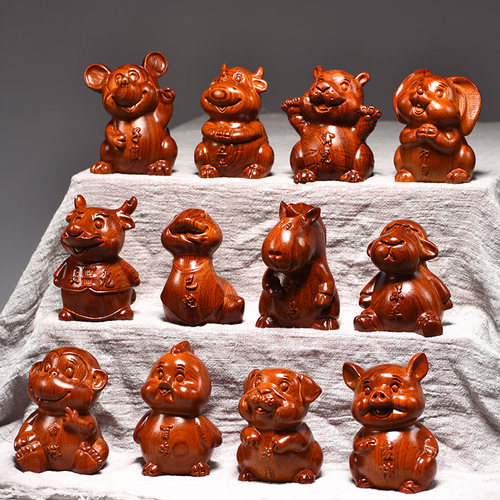 花梨木雕十二生肖摆件一套实木质鼠牛虎兔龙蛇马羊猴鸡狗猪家居品