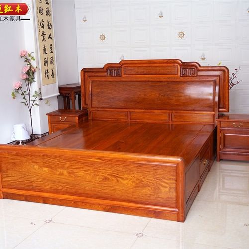 缅甸花梨国色天香榫卯结构原木红木床古典独板大果紫檀婚床古典