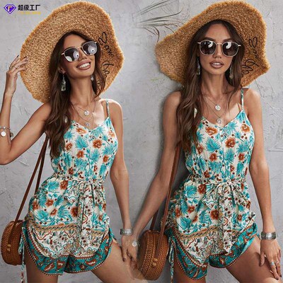 Summer Sexy Strap V-Neck Backless Hot Pants Jumpsuit Mid-Wai