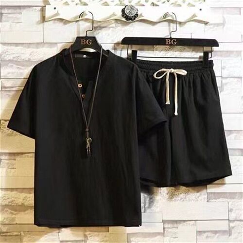 Factory Cotton And Lines Short Sleeve Shorts Set Mens Chine
