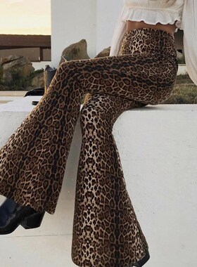 Hugcitar High Waist Leopard Print Flare Leggings 2021 Autumn