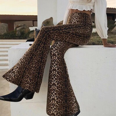 Hugcitar High Waist Leopard Print Flare Leggings 2021 Autumn