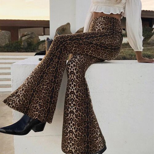 Hugcitar High Waist Leopard Print Flare Leggings 2021 Autumn