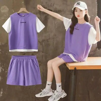 Girls New Summer Loose Thin Ventilate 2PCS Short Sleeve Tee+
