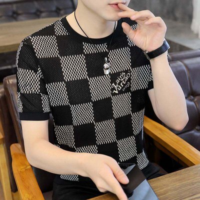 -Mens summer new slim ice silk quick-drying round neck plai