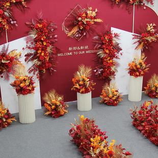 整红色系婚庆仿真花舞台t台迎宾区装 婚礼 饰地排花路引花排中式