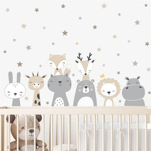 Cartoon Cute Lion Giraffe Animals Stars Wall er Nursery Viny