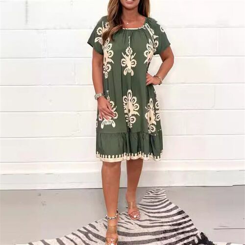 In Stock 2025 Womens Plus Size Printed Short Sleeve Dress