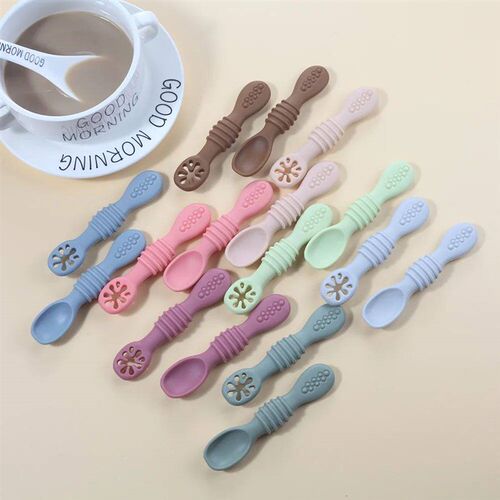 2PCS Cute Baby Learning Spoons Utensils Set Food Grade Silic