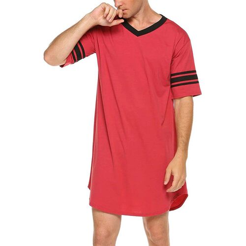 Men Cotton Nightshirt Sleep ops Short Sleeve V-neck Soft Loo
