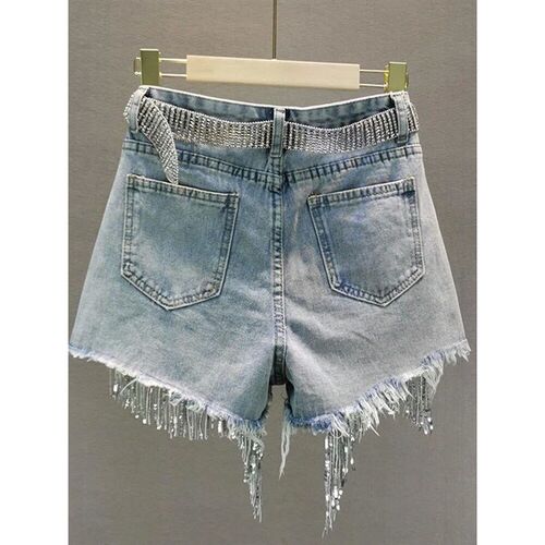 Summer Elegant Shorts Lady Tassel Beading High Waist Wide Le