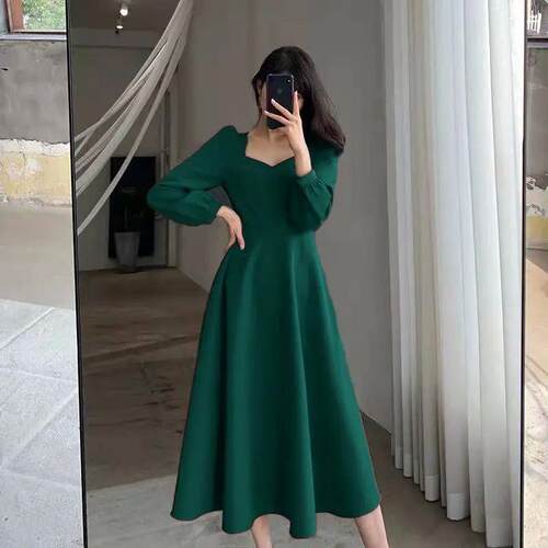 Temperament Black Midi Dress Spring Autumn New Long Sleeve V