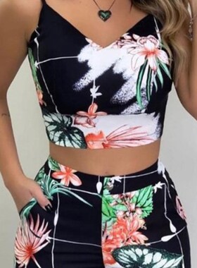 Print Spaghetti Strap Crop Top & Short Sets Casual Summer 2