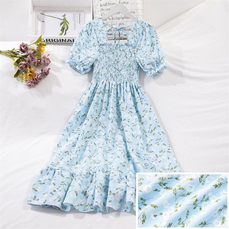 Summer Women Print Dresses Short Sleeve Pleated Casual图片