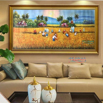 纯手绘五谷丰收风景油画麦田水稻装饰画金色大稻田挂画