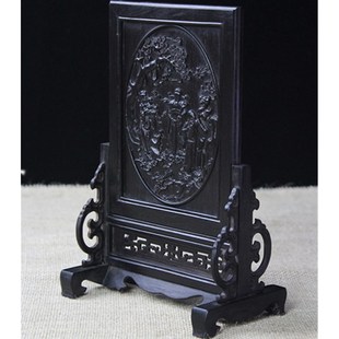 紫光檀台屏黑檀桌屏中式复古浮雕小屏风摆件福禄寿工艺品实木插屏