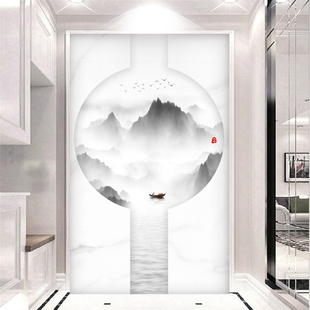 2020新款 壁画8D 玄关壁纸圆形山水背景墙创意造型墙纸壁布无缝竖版