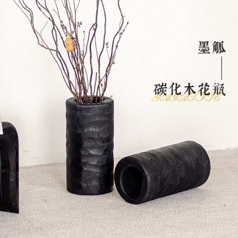 侘寂风黑色实木小口圆花瓶中古干花插花器碳化木复古玄关装饰摆件