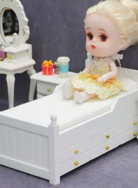 1:12娃娃屋dollhouse迷你家具卧室场景摆件白色古典白色床带抽屉