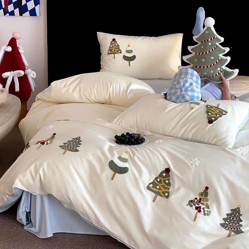 小清新100S长绒棉四件套简约圣诞树毛巾绣被套柔软全棉床上用品