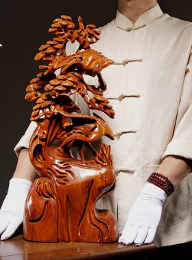 花梨木雕刻松鹤延年根雕摆件红木工艺品家居客厅装饰摆设贺寿送礼