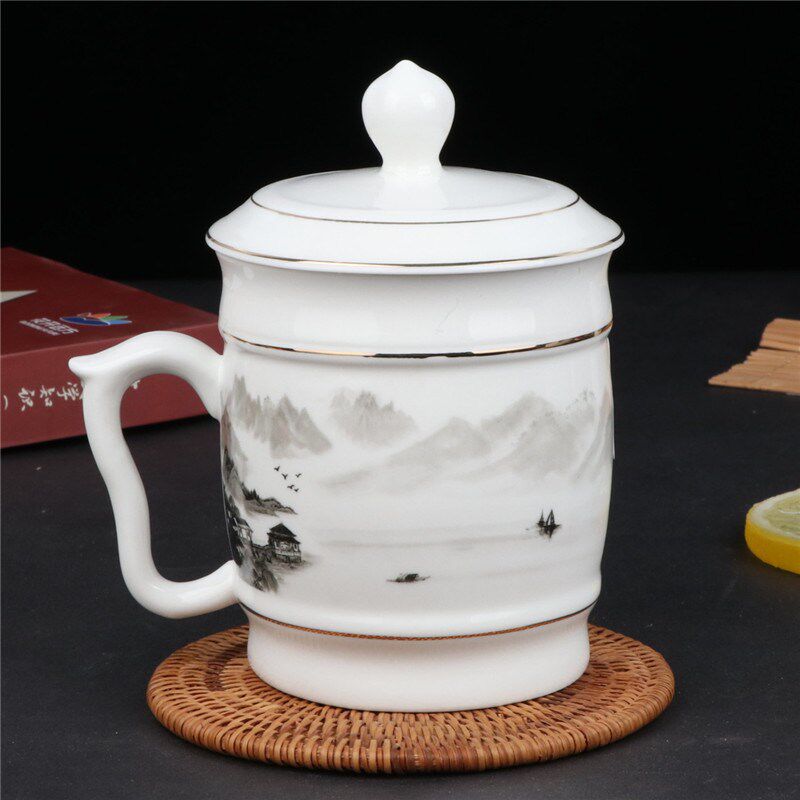 天德大号荣耀杯陶瓷办公杯会议杯水杯大容量茶杯带盖杯子550ml杯