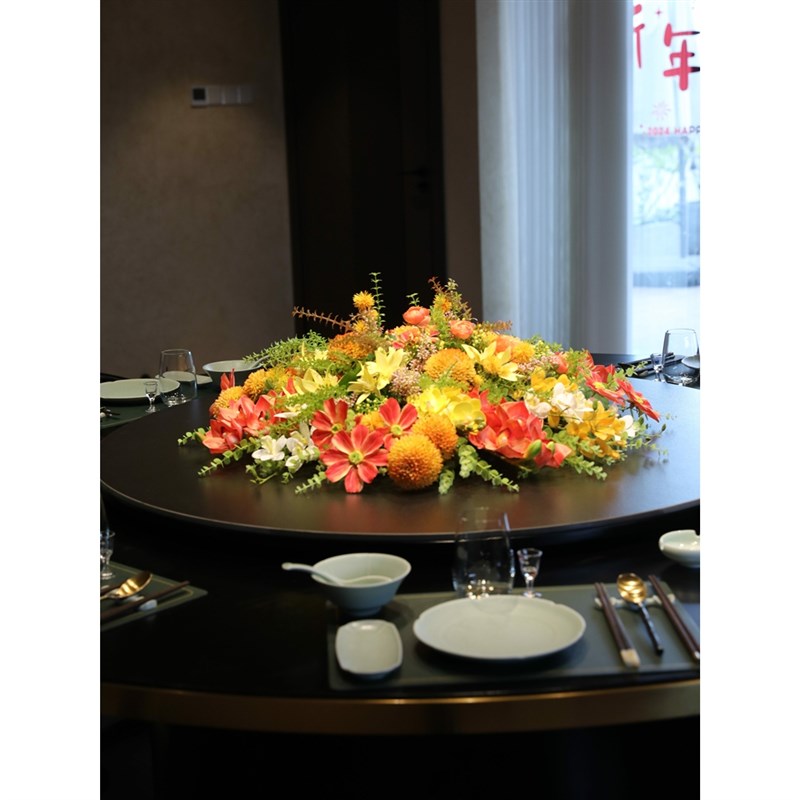 餐厅包厢大圆桌仿真花摆件酒店餐桌上转盘中心假花装饰摆设台花艺