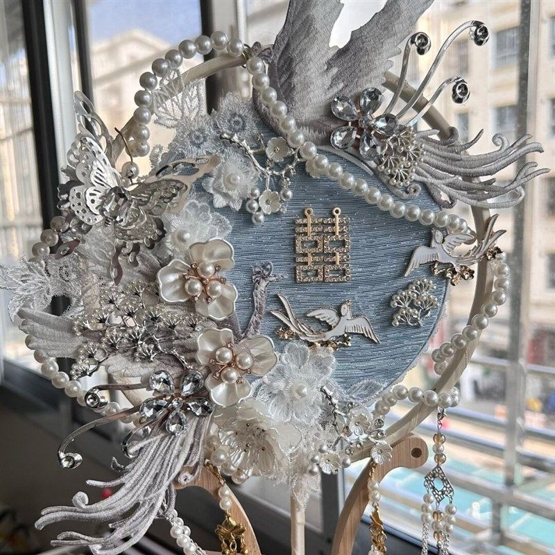 银蓝色新娘结婚团扇中式婚礼古风手工diy材料包成品双面秀禾喜扇,家居饰品,工艺扇/团扇/喜扇/折扇,淘宝优惠券,粉丝福利购,淘宝优惠卷