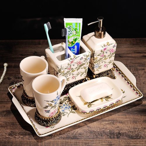 陶瓷卫浴五件套浴室用品套件创意刷牙杯漱口杯 酒店洗漱套装欧式 - 封面