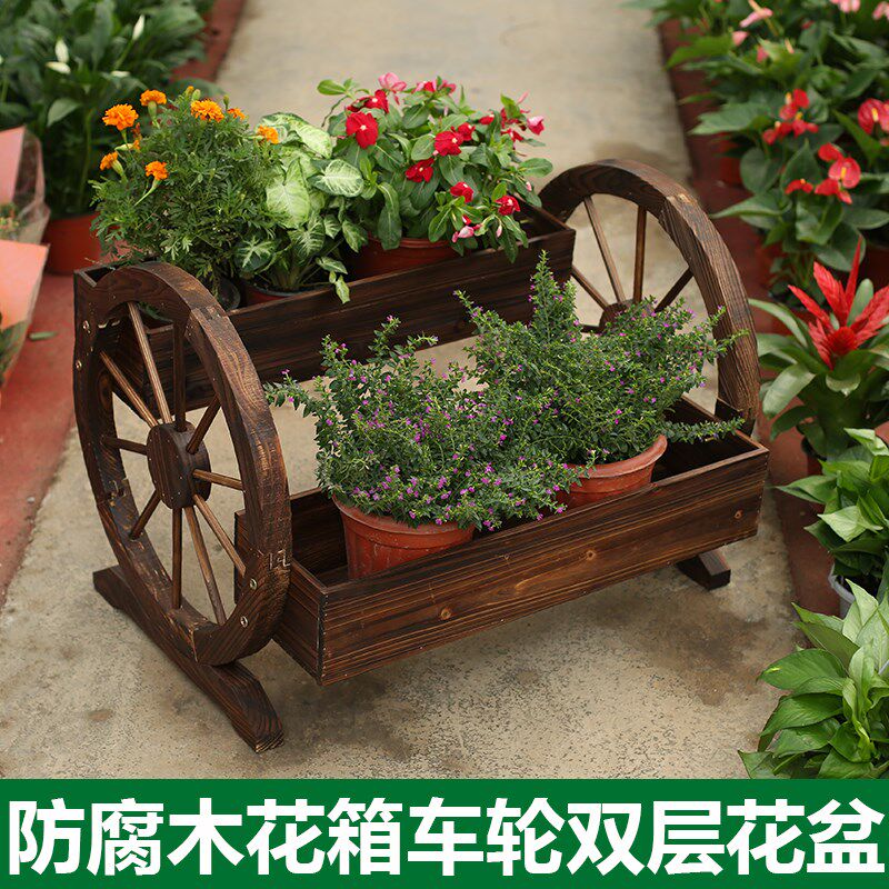 防腐木花箱碳化实木花盆车轮上下摆设造型实木花盆木质花槽桶木头