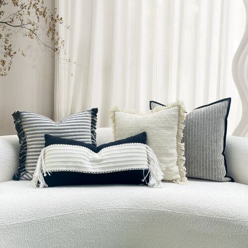 黑白极简奶油系抱枕民族侘寂风民宿靠垫客厅沙发床上藤椅加长腰枕