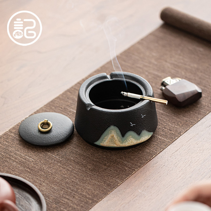 记今朝 远山黑陶创意陶瓷烟灰缸家用客厅茶桌防风带盖防飞灰
