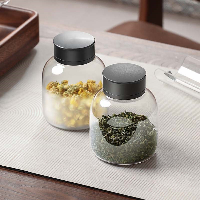 锡合金玻璃茶叶罐双盖密封茶盒茶仓茶具小号便携透明茶罐散茶罐子