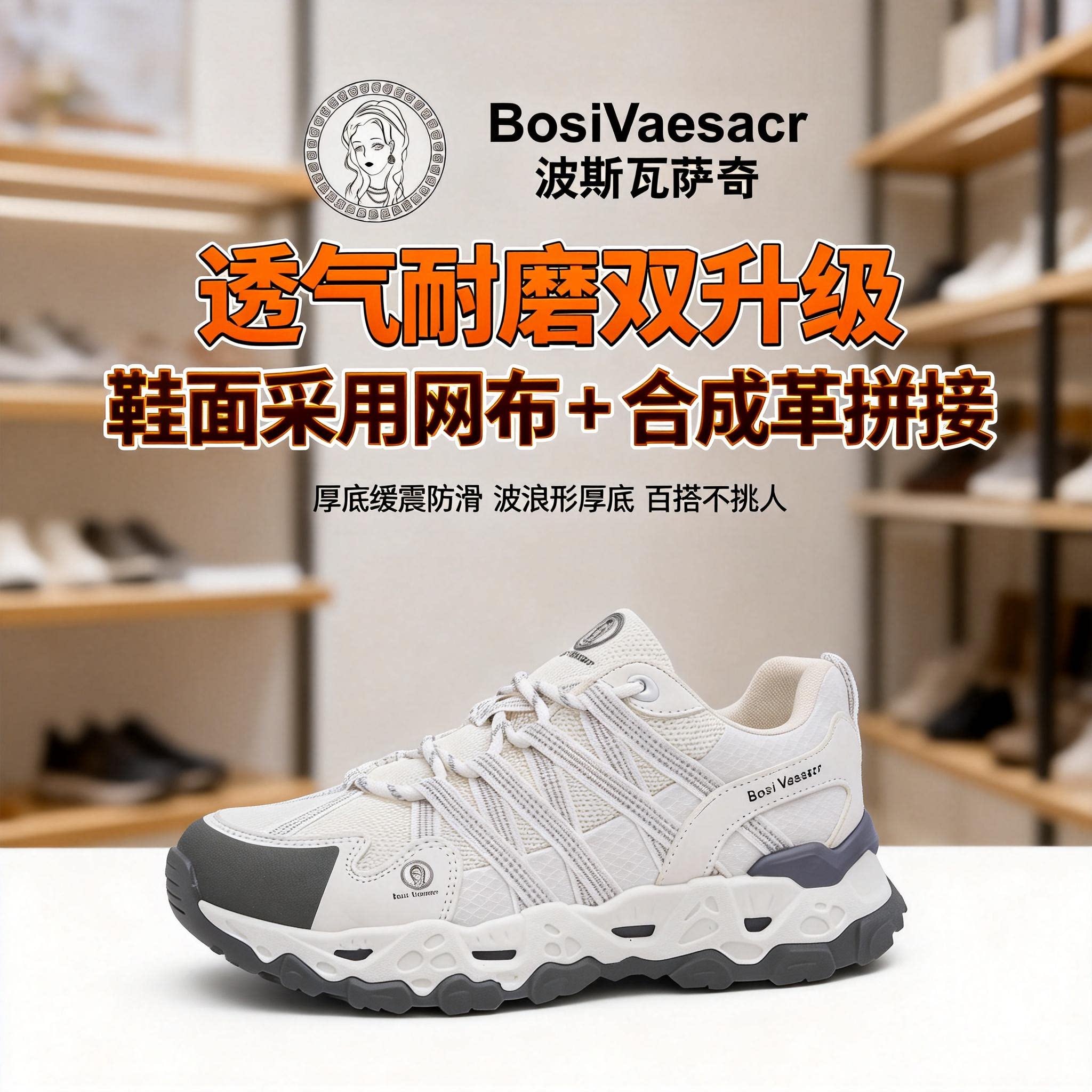 波斯瓦萨奇四季通用透气飞织纱网轻便老爹鞋女休闲运动户外休闲鞋