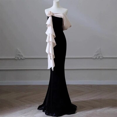 Black Evening Dress 2025 Off-shoulder Light Luxury Niche Ban