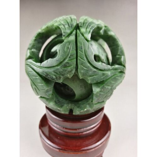 Chinese old green jade carved fengshui magic with wood base