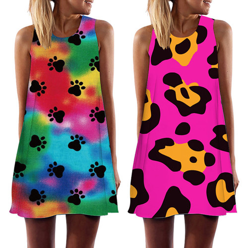 Summer Women Cute Cat Footprint Mini Dress Casual O-Neck