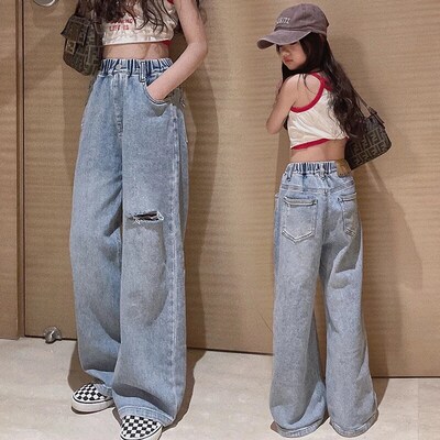 2023 spring Girls clothes Kids straight Ripped Hole Loose Je