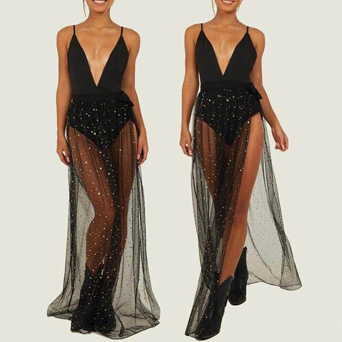Womens sequined mesh half skirt beach bikini lace up