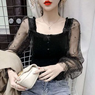 Mesh Stitching Long Korean Shirts Collar Sleeve Women Square