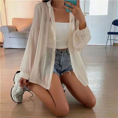 Summer Thin Shirts Women Loose Chiffon Long Sleeve Top Basic