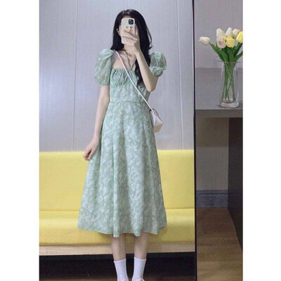 Saltable Sweet Foreign Style Green Long Skirt Summer New Fre