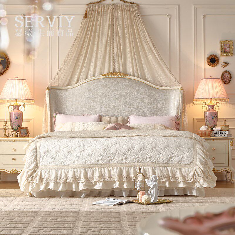 瑟薇法式田园复古布艺实木床欧式雕花别墅大平层主卧女儿房床SE5