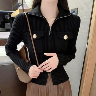 拉链毛衣针织上衣女春秋2025新款长袖高领小个子短款修身开衫外套