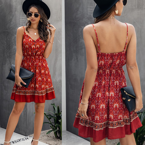 Summer Dress Women Floral Print Sling Backless Mini Dress